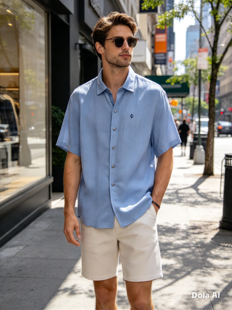 Camisa social masculina linho azul